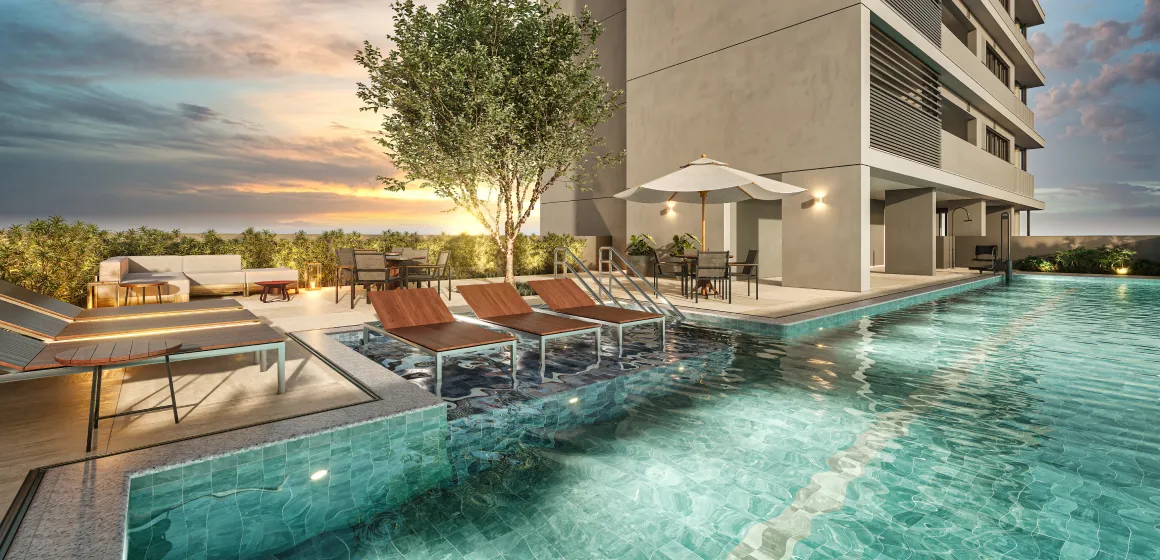 Perspectiva Ilustrada da Piscina com Deck Molhado e Solarium