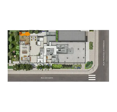 Perspectiva ilustrada da implantação do pavimento térreo